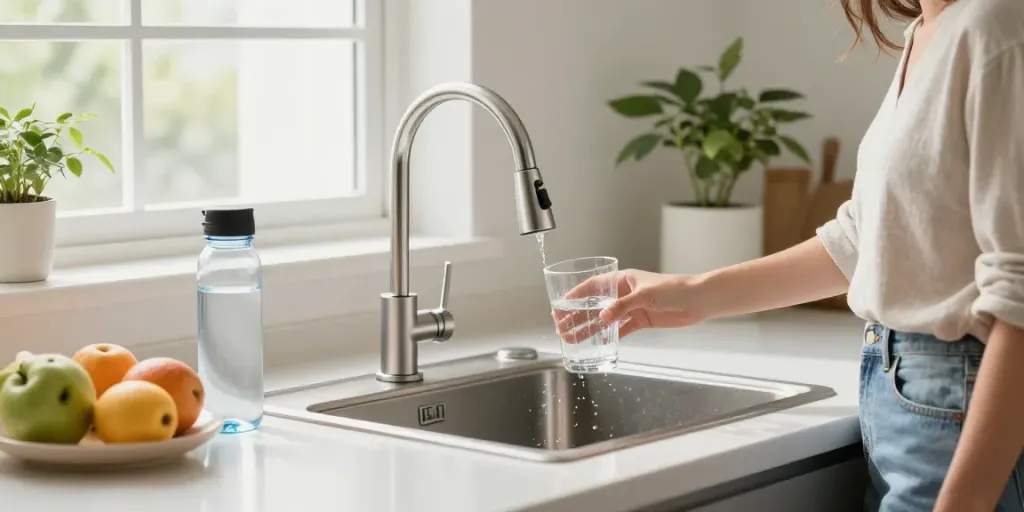Filtration d'eau par osmose inverse dans une cuisine moderne avec un système RO.