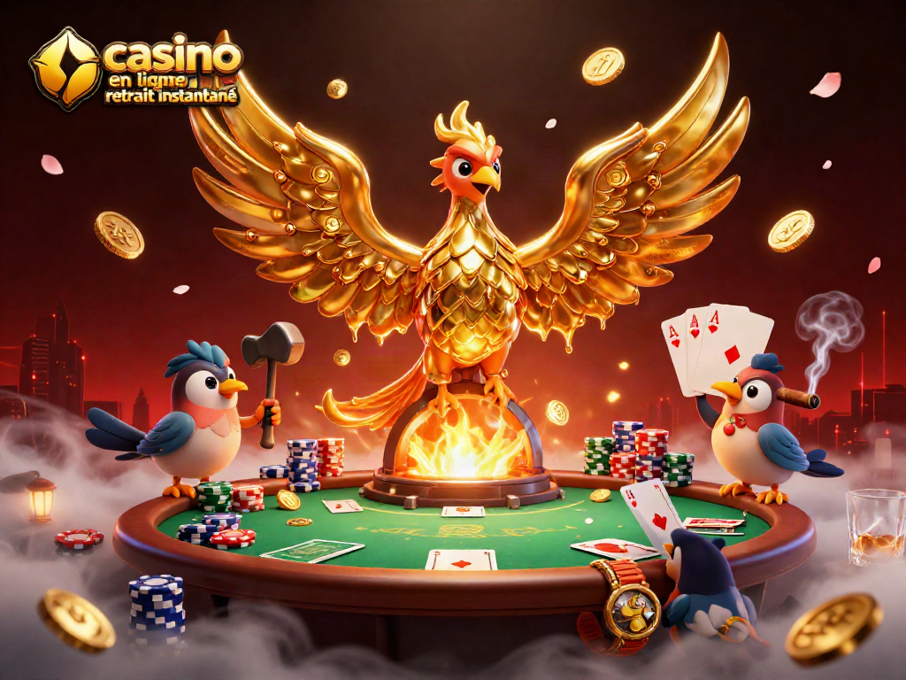 Jouez dans un casino en ligne retrait instantané où un phénix doré émerge avec des pièces d'or.