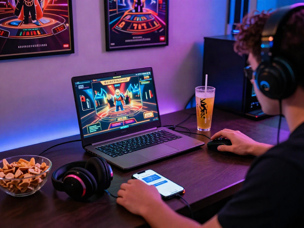 Joueur de casino en ligne retrait instantané interactif sur un ordinateur portable avec accessoires et ambiance dynamique.