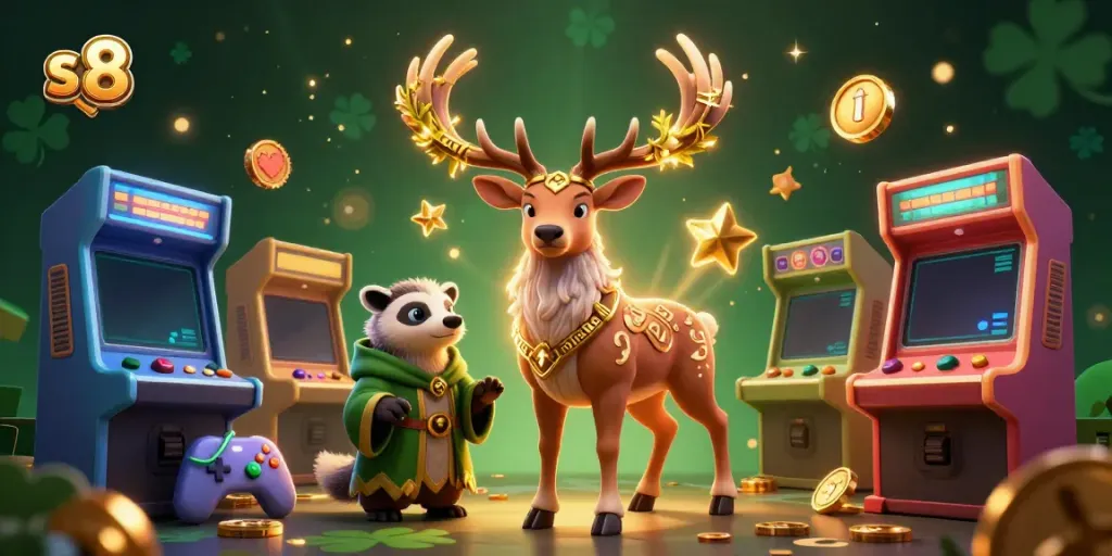 Spin the reels of s 8 with mystical characters amidst vibrant gaming elements in this casino illustration.